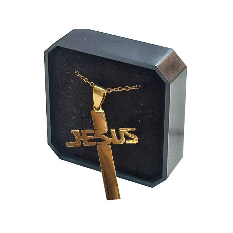 CADENA DIJE CRUZ JESÚS DE ACERO DORADO EN ESTUCHE.