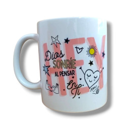 Taza Mug De Ceramica. -hey Dios Sonrie Al Pensar En Ti- Jdc.